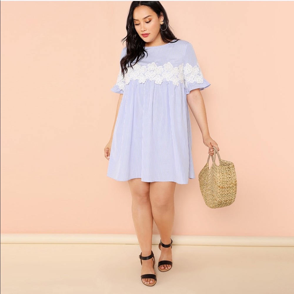 Plus Lace Applique Striped Swing Dress